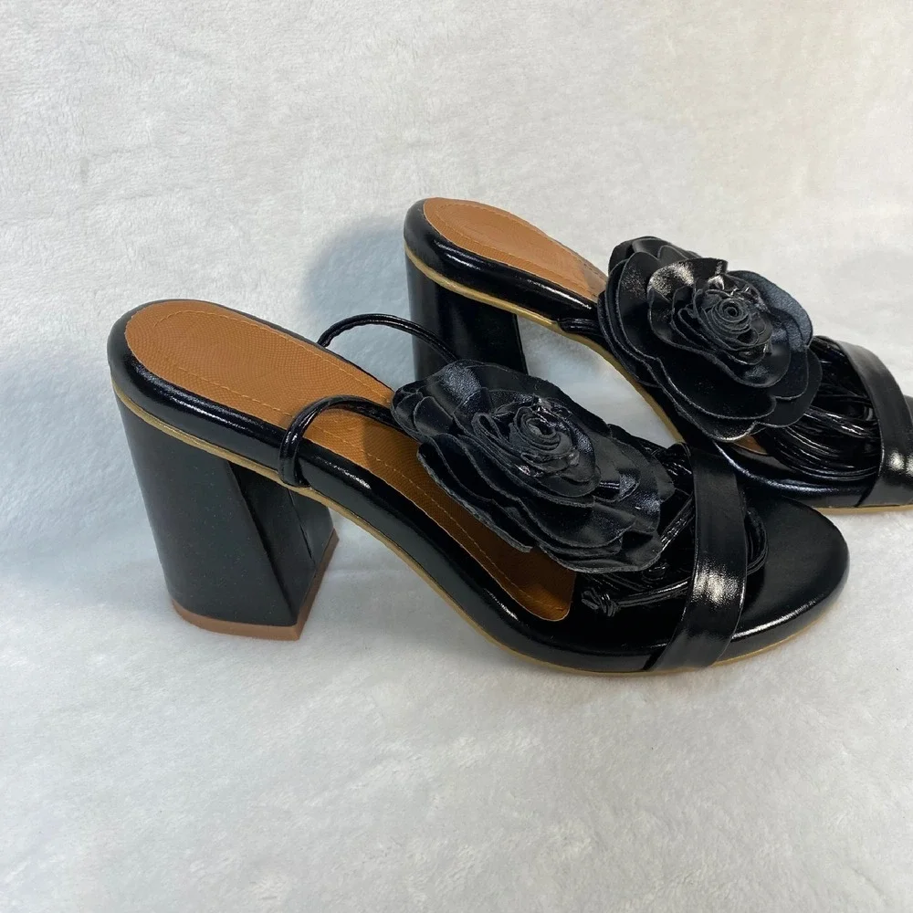 Lovella Flower Heels Block Heel Sandals‎ Strappy Party Shoes Black Size 9/39
